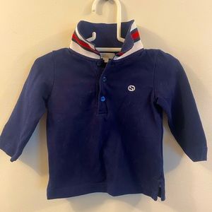 Gucci, long sleeve collared shirt, navy blue, red and white collar, 6/9 months